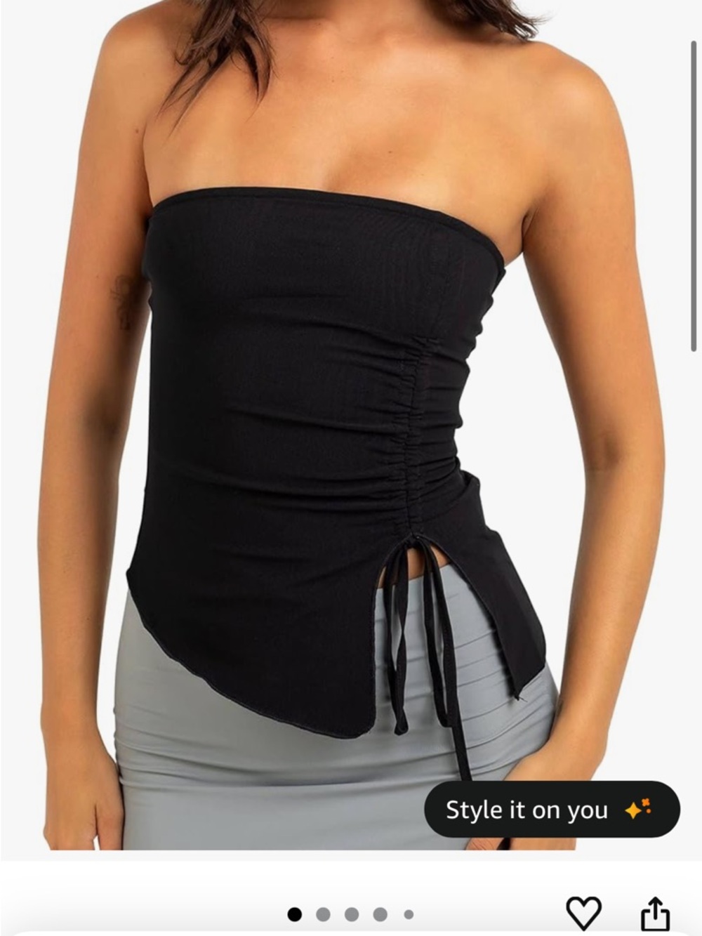 Strapless Ruched Drawstring Tank Top - Black - Picture 2 of 3